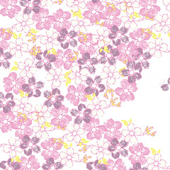 seamless pattern with flowers Shows a floral pattern with small pink flowers. Full-frame composition, pink-white tone. Delicate style, design background