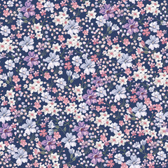 seamless pattern with hearts Presents a floral pattern with small purple flowers. Full-frame composition, purple-white tone. Delicate style, design background
