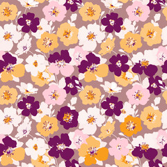 seamless pattern with flowers  Presents a floral pattern with pink and purple flowers. Full-frame composition, multicolor tone. Romantic style, design background