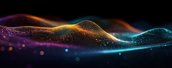 Abstract wave of colorful particles on a dark background