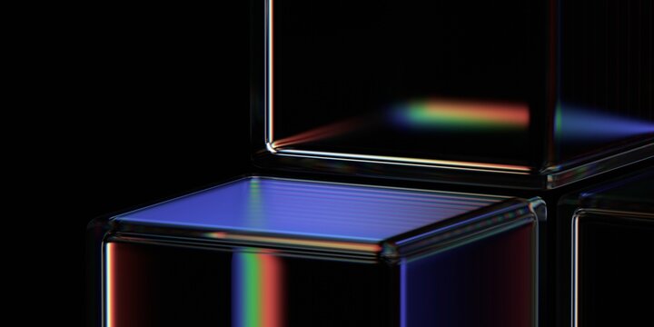 Fototapeta Abstract iridescent glass cubes on a black background, 3d render