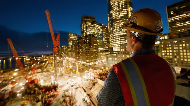 Urban Dreamscape: A determined worker surveys a bustling city at dusk, framed against the towering skyscrapers and under the starry canvas.