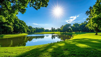 Serene lake amidst green parkland