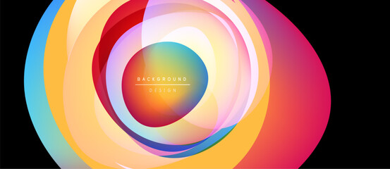 Abstract colorful layers create dynamic circular design. Bright gradients blend, forming modern background element. Vivid hues evoke energy, motion.