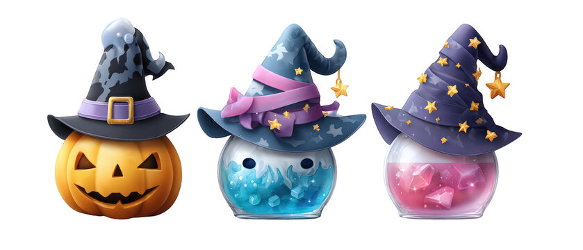 Colorful Halloween-themed potion bottles with whimsical hats and a carved pumpkin in a festive setting