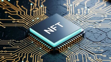 Closeup of a computer chip with the word nft on it, surrounded by circuitry - Powered by Adobe