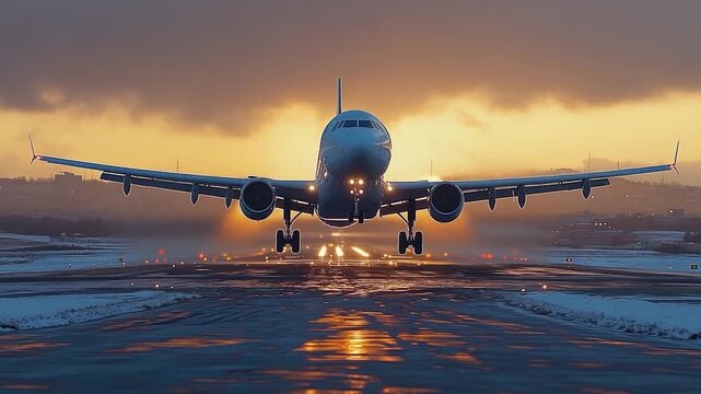 A plane departing from the airport runway, ideal for travel and transportation themes