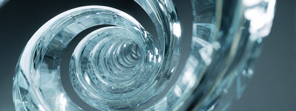 Elegant spiral structure made of glass and light, glowing reflections, futuristic abstract design, 3d render
