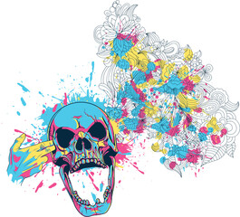 skull and crossbones Displays a colorful skull design with splashes. Full-frame composition, multicolor tone. Artistic style, tattoo background