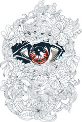 lion head tattoo design Presents a detailed eye design with floral elements. Full-frame composition, gray-multicolor tone. Artistic style, tattoo background