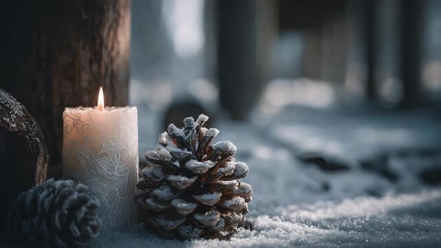 A lit candle beside frosted pinecones on snowy ground, creating a calm wintry scene.