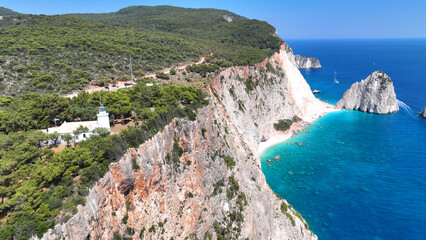 Aerial drone photo of scenic lighthouse in area of Keri a unique viewpoint spot overlooking small islets of Mizithres and deep blue Ionian Sea, Zakinthos island, Ionian, Greece