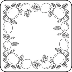 Fruit and Leaf Frame Coloring Page – Hand Drawn Botanical Design, Vector Line Art for Kids and Adult Coloring Pages.
