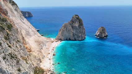 Aerial drone photo from scenic viewpoint to small iconic islets of Mizithres a true paradise tourist place visited by yachts and sail boats in island of Zakinthos, Ionian Sea, Greece
