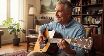 Elderly caucasian male playing guitar in cozy living room setting