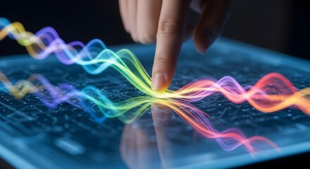 Finger touching colorful holographic wave, futuristic digital technology interaction concept