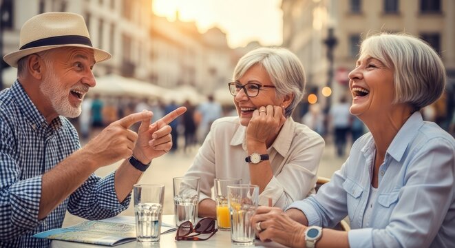 Elderly caucasian friends enjoying laughter and drinks outdoors