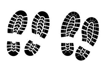 Black and white imprint of two pairs of heavy duty boot footprints on a white background showing tread pattern