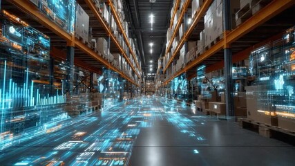 Warehouse Digital Transformation: An industrial warehouse transformed by a layer of digital data streams, representing the cutting-edge of supply chain management and automated logistics.  - Powered by Adobe