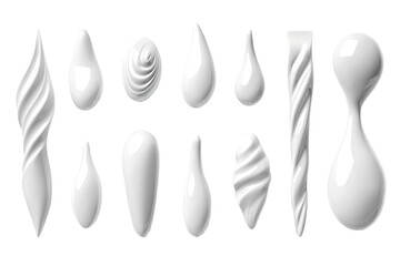 Glossy, white, abstract forms arranged in neat rows