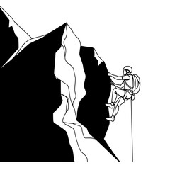 Dramatic black and white illustration of a lone climber scaling a jagged imposing mountain peak against a stark white background