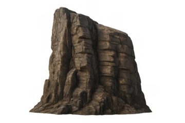 Large weathered rock formation standing tall, a rugged brown boulder with textured surface, isolated on transparent background