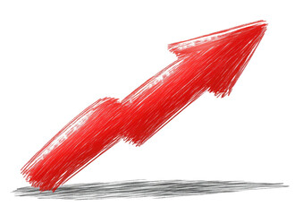 Red upward scribble arrow, shadow, on black