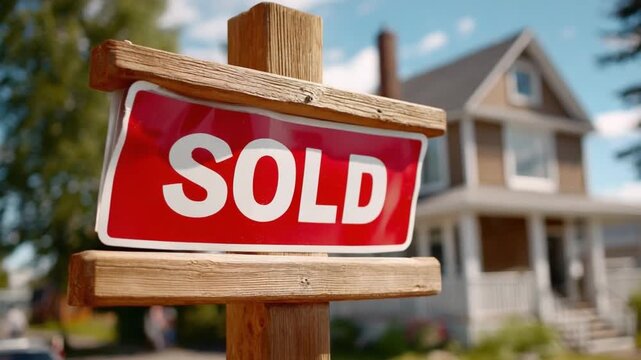 Sold Sign: A vibrant SOLD sign proudly displayed, announcing the successful sale of a charming residential property, signifying a new chapter in real estate.