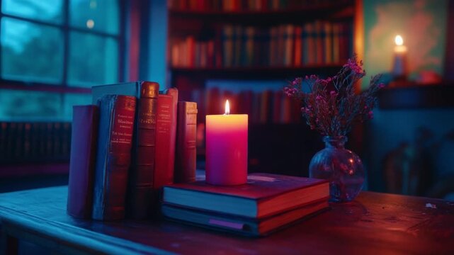 This video captures a serene environment with dim lighting, showcasing a candle atop stacked books. Ideal for relaxation and ambiance in creative projects. Generative AI