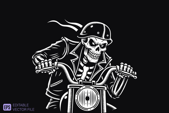 Skeleton Biker Riding Motorcycle with Helmet and Leather Jacket.