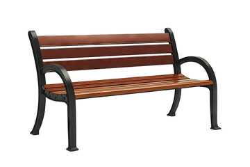 Wood & black metal park bench, slatted seat, against dark