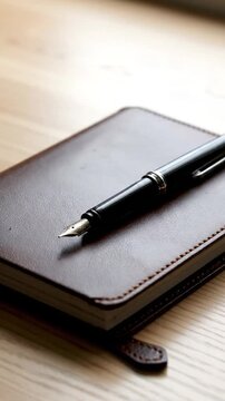A Close Up Of A Leather Bound Notebook With A Black Fountain Pen Resting On Top On A Wooden Desk