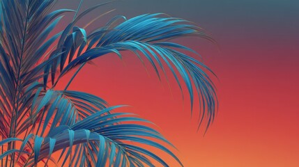 Elegant Palm Leaves in Deep Cyan over Fiery Horizon: Warm Gradient and Ethereal Haze for Serene Commercial Artwork