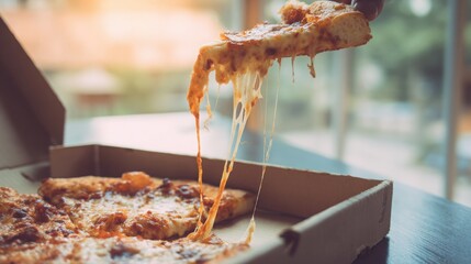 hot pizza slice in open cardboard delivery box, cheese stretching, blurred modern table background, soft daylight, sharp focus on pizza
