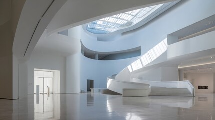 Fototapeta premium interior of contemporary art museum with curved white walls and skylight, soft light reflections on polished floor, architectural elegance