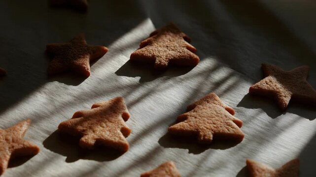 Star and Christmas tree shaped cookies on a parchment sheet, lit by diagonal sunlight.