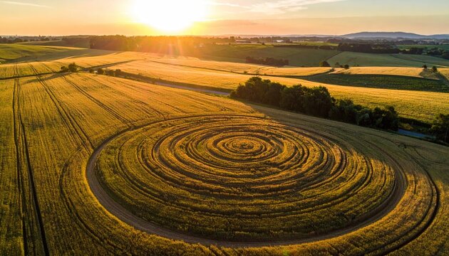 Aerial view of crop circle at sunset - Powered by Adobe