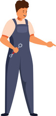Young mechanic wearing a uniform, holding a wrench and pointing his finger to the right