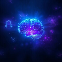 Fototapeta premium Glowing Neon Human Brain on Dark Background, Digital Art of Mind, Intelligence, and AI Concept, Mental Health and Technology Abstract Background