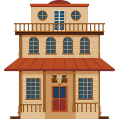 Pixel Art Old Western Building Facade With Bull Skull Decoration And Wooden Porch Detail In A Simple Flat Design Style