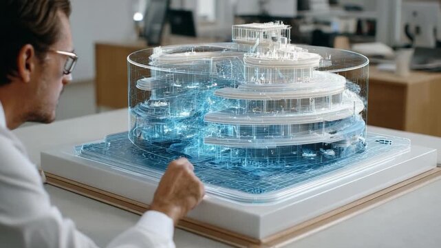 Architectural Model: A focused professional meticulously examines a detailed architectural model, his gaze reflecting the intricate design.