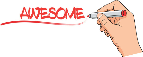 A hand writes the word AWESOME in bold red letters with a marker pen on a white surface