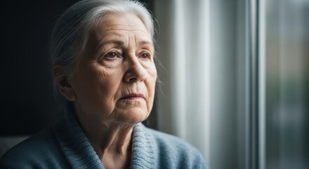 Elderly caucasian woman reflecting by window in soft light