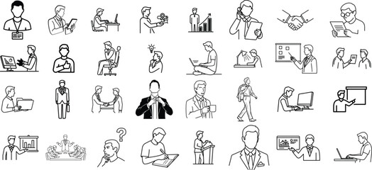 Collection of hand drawn business people icons representing various professional activities and concepts