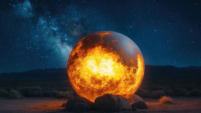 A giant yellow ball sits solitary in the middle of a desert, surrounded by sand and nothing else