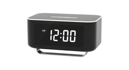 Modern digital alarm clock with illuminated display showing twelve o clock isolated on transparent background