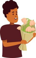 Young man holds a wilting bouquet of flowers, expressing sadness and disappointment