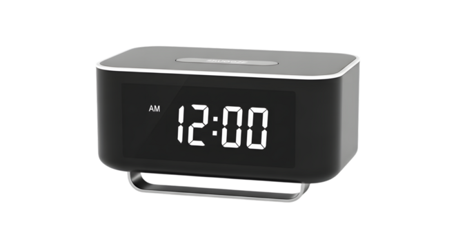 Modern digital alarm clock with illuminated display showing twelve o clock isolated on transparent background