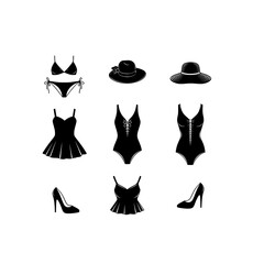 Collection of stylish black swimwear and fashion accessories for a chic summer vacation wardrobe