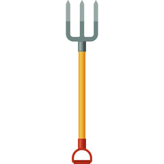 A simple illustration of a garden pitchfork with a yellow wooden handle and grey tines on a transparent background